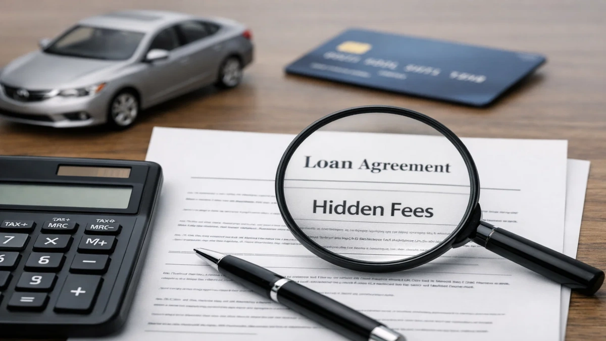 A detailed close-up image related to loans showing a loan agreement document with the words “Hidden Fees” highlighted under a magnifying glass, placed on a desk alongside a calculator, a pen, a credit card, and a small model car, symbolizing financial planning, borrowing costs, and the importance of understanding hidden charges in loans.
