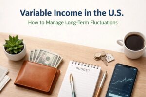 A neatly arranged workspace illustrating personal finances, featuring a leather wallet filled with US dollar bills, a budget notebook with a pen, a smartphone displaying financial charts, coins, house keys, and a cup of coffee, symbolizing strategies for managing variable income and long-term financial fluctuations in modern finances.