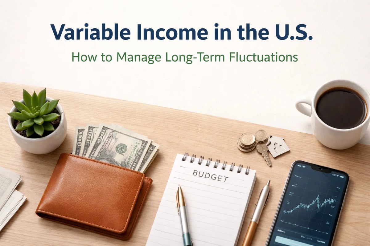 A neatly arranged workspace illustrating personal finances, featuring a leather wallet filled with US dollar bills, a budget notebook with a pen, a smartphone displaying financial charts, coins, house keys, and a cup of coffee, symbolizing strategies for managing variable income and long-term financial fluctuations in modern finances.