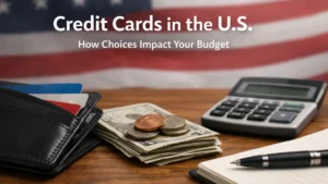 A high-resolution image showing a wallet with multiple credit card options partially visible, placed on a wooden desk next to a stack of US dollar bills and coins, a calculator, and a notepad with a pen. In the blurred background, an American flag adds context. The composition emphasizes personal finance management and budgeting decisions involving credit card usage in the United States.