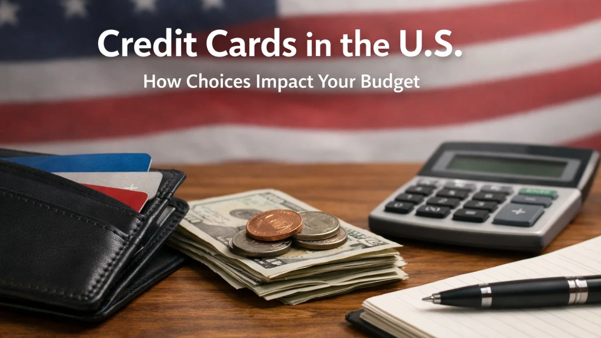 A high-resolution image showing a wallet with multiple credit card options partially visible, placed on a wooden desk next to a stack of US dollar bills and coins, a calculator, and a notepad with a pen. In the blurred background, an American flag adds context. The composition emphasizes personal finance management and budgeting decisions involving credit card usage in the United States.
