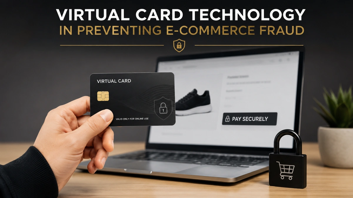 Realistic and minimalist image about credit card security in e-commerce fraud prevention. A hand holds a sleek black virtual credit card in the foreground while a modern laptop in the background displays a secure online shopping checkout page with a “PAY SECURELY” button and lock icon. On the desk, a black padlock with a shopping cart symbol reinforces the concept of online payment protection. The top of the image features the title “Virtual Card Technology in Preventing E-Commerce Fraud” in large elegant typography. Clean composition, balanced lighting, high sharpness, and professional financial technology atmosphere aimed at a United States audience.