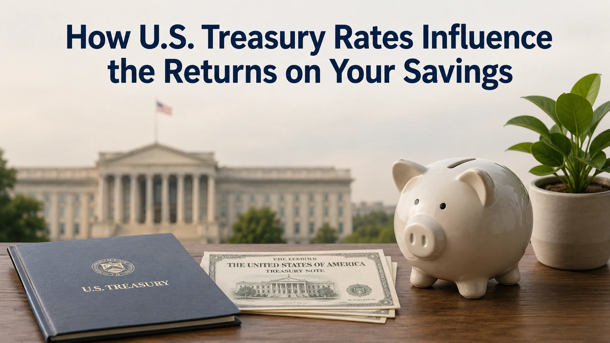 Minimalist and realistic finances-themed image showing a white piggy bank, U.S. Treasury documents, and a small green plant on a wooden desk, with a blurred U.S. government building in the background. The top of the image features the title “How U.S. Treasury Rates Influence the Returns on Your Savings” in large dark blue text. Clean composition with balanced lighting and sharp details, representing U.S. savings and treasury finances.