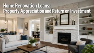 Modern and elegant open-concept living room in a renovated American home, featuring a stone fireplace, neutral-toned furniture, wooden coffee table, and built-in shelves with decorative accents. Large headline text about “Home Renovation Loans: Property Appreciation and Return on Investment” appears directly over the image. Bright natural lighting and clean interior design emphasize home improvement, property value growth, and real estate loans investment opportunities.