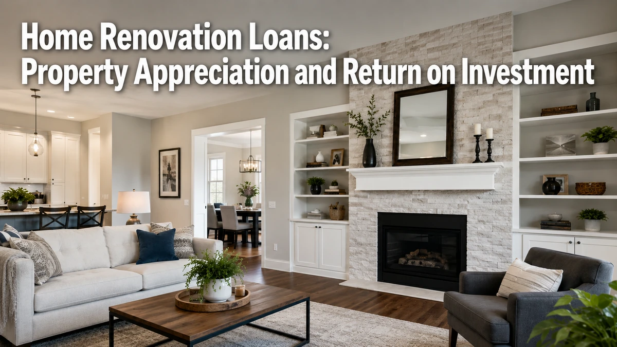 Modern and elegant open-concept living room in a renovated American home, featuring a stone fireplace, neutral-toned furniture, wooden coffee table, and built-in shelves with decorative accents. Large headline text about “Home Renovation Loans: Property Appreciation and Return on Investment” appears directly over the image. Bright natural lighting and clean interior design emphasize home improvement, property value growth, and real estate loans investment opportunities.